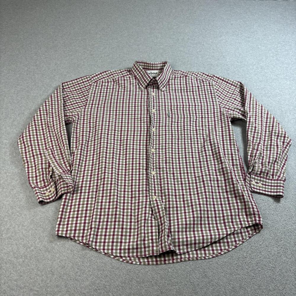 Barbour Shirt Men XL Burgundy Green Check Plaid Button Down Academia Heritage